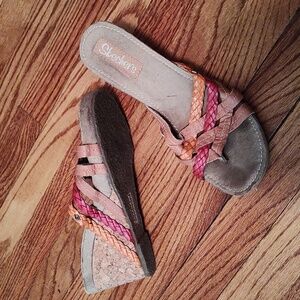 Skechers red/orange leather straps/cork wedges